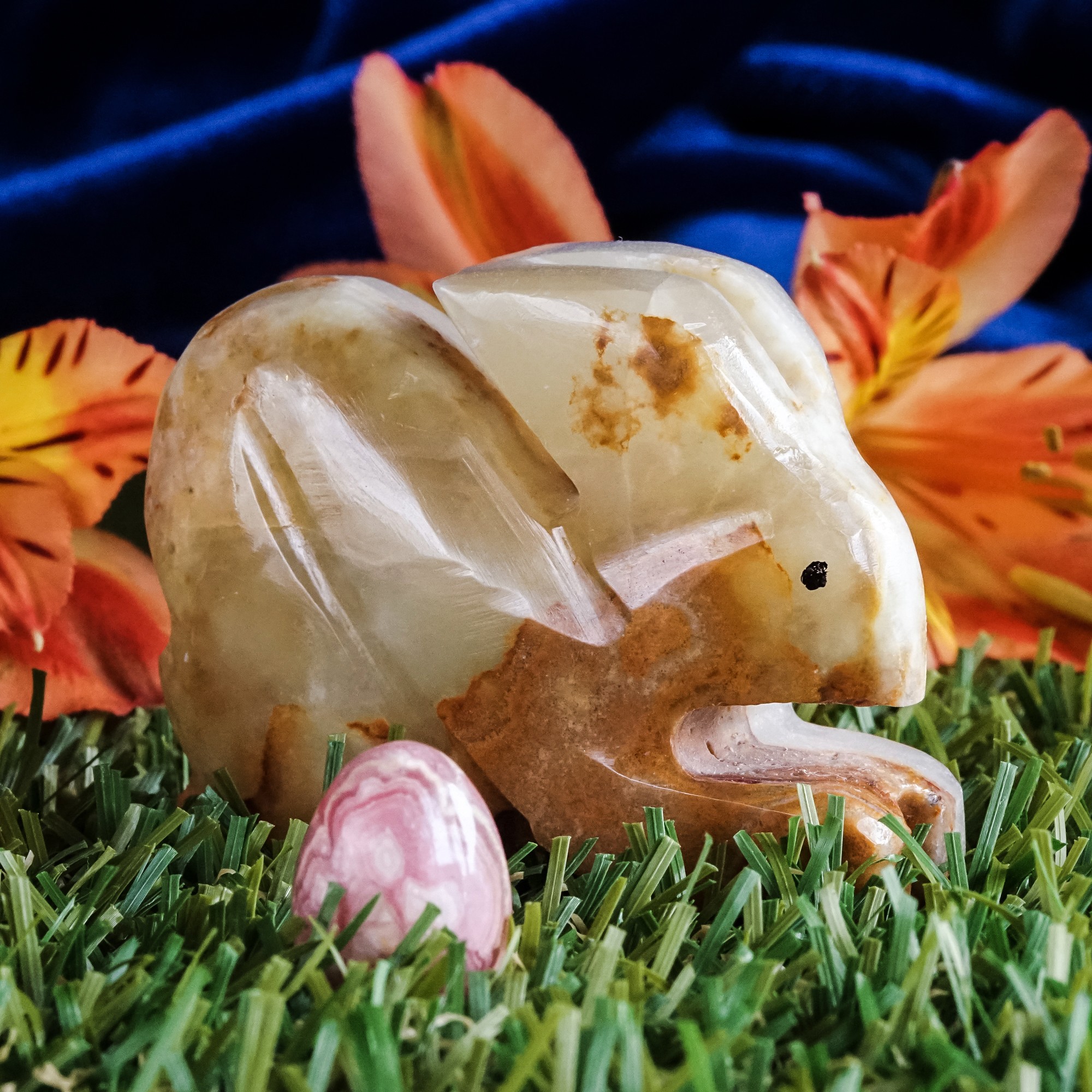 rainbow onyx rabbit with rhodochrosite egg