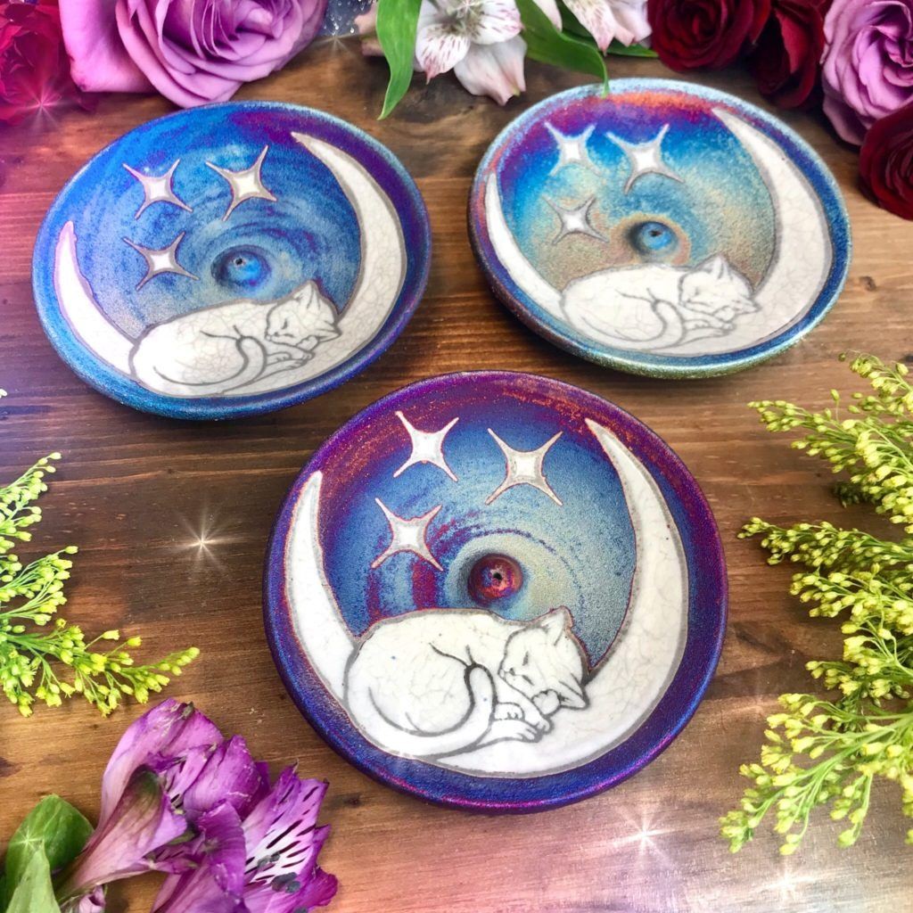 Cat And Moon Raku Incense Holders For Tranquility And Cosmic Connection
