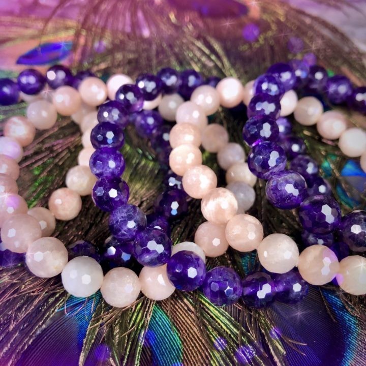 Peach Moonstone and Amethyst Stackers