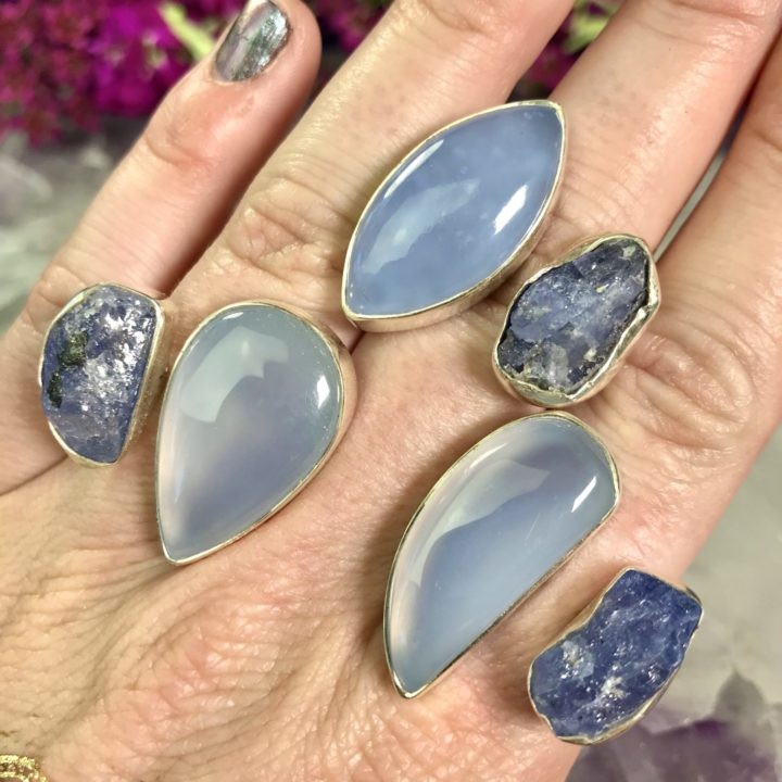 Blue Chalcedony and Tanzanite Rings