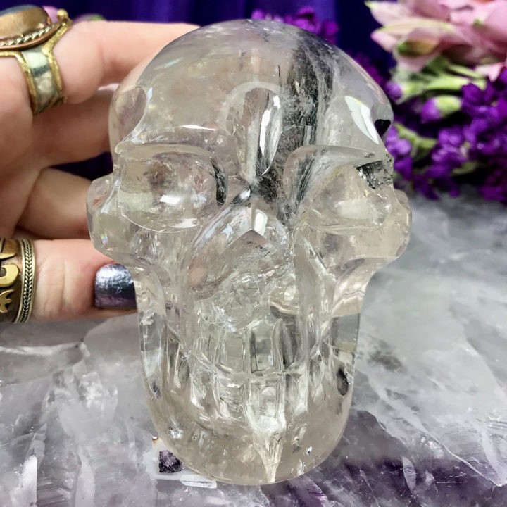 Clear Quartz Skull with Two Huge Green Tourmaline Inclusions