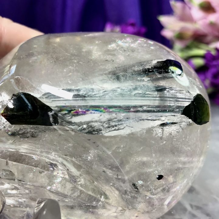 Clear Quartz Skull with Two Huge Green Tourmaline Inclusions