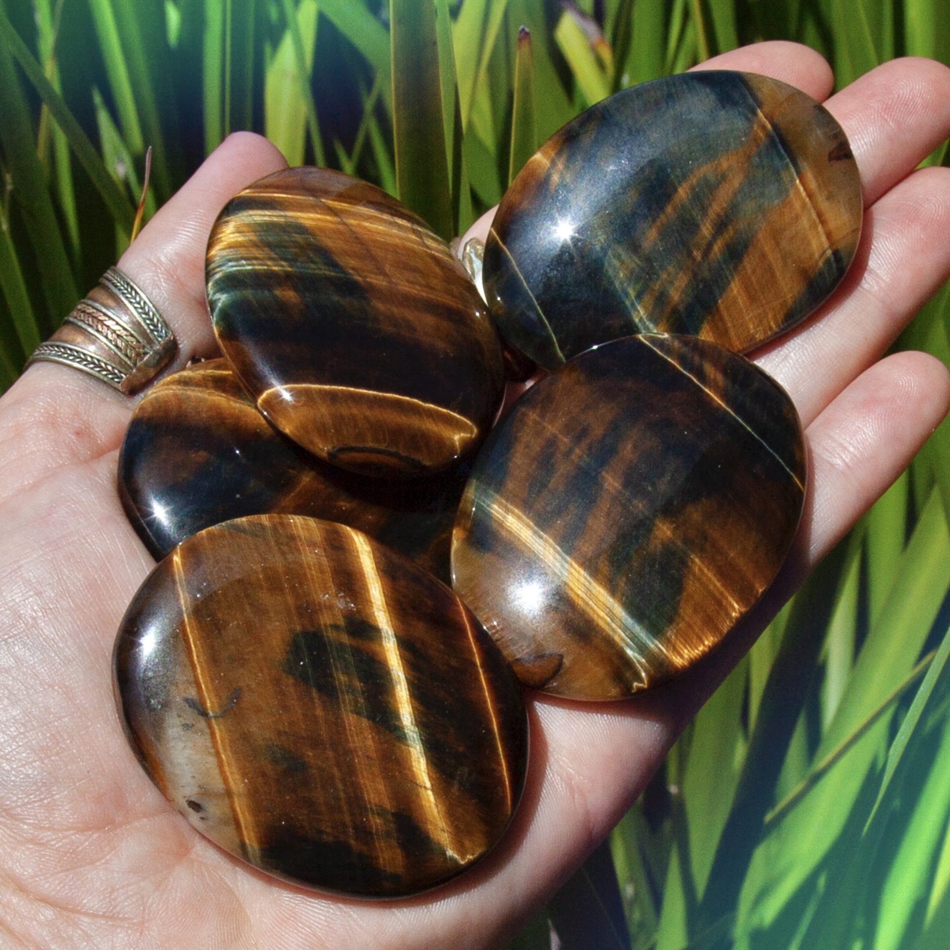 Blue and Gold Tiger's Eye Priestess Palm Stones for awareness