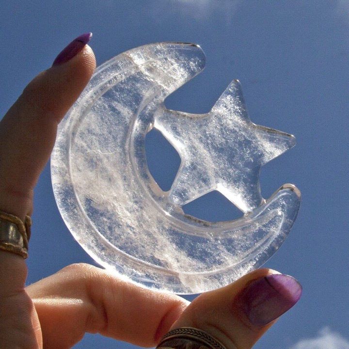 Clear Quartz Moon and Star Carvings