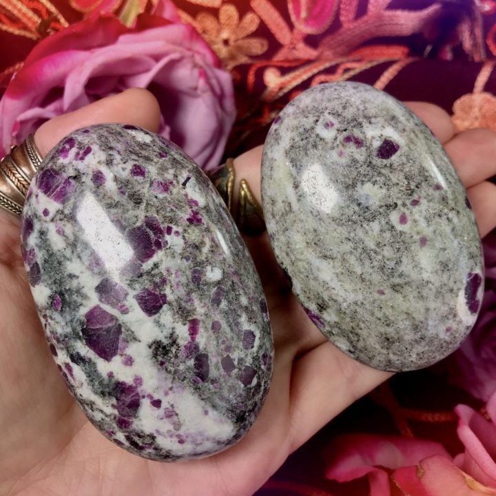 Ruby in Biotite and Moonstone Matrix Palm Stones