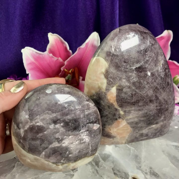 Purple Angelite with Peach Moonstone Pillars