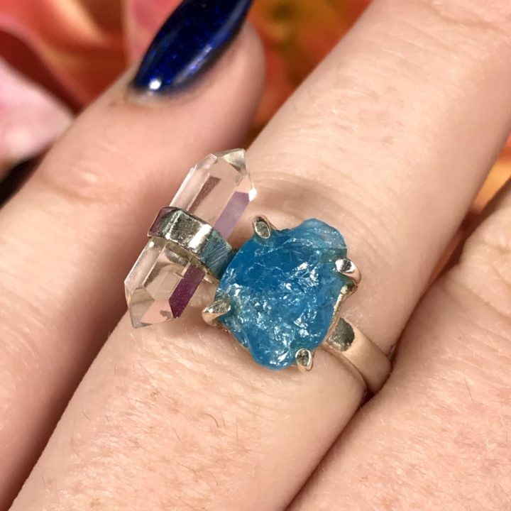 Neon apatite rough sterling silver ring