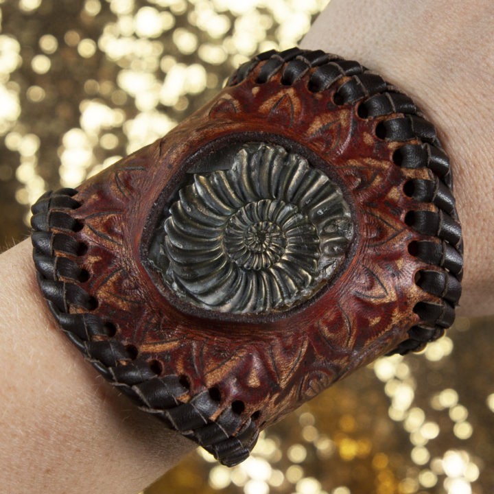 Ammonite with Brass Brush Coating Leather Bracelet