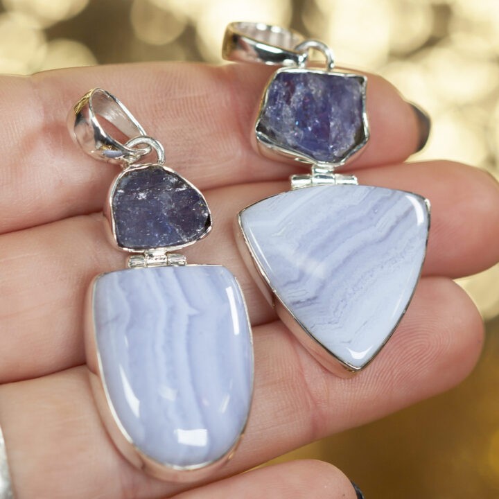 Blue Lace Agate and Tanzanite Sterling Silver Pendant