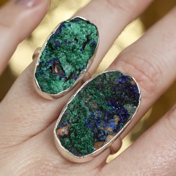 Druzy Azurite and Malachite Sterling Silver Adjustable Ring