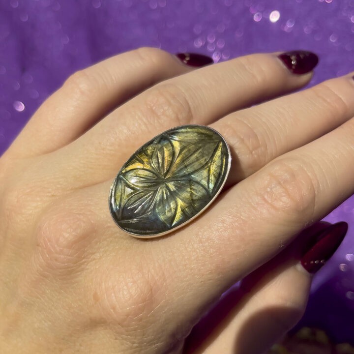 Labradorite Adjustable Ring, Flower Carved
