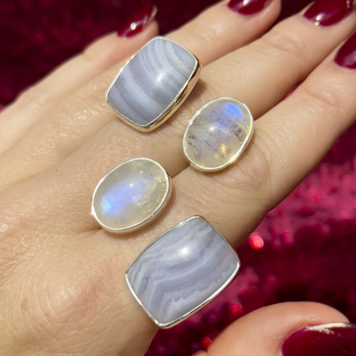 Blue Lace Agate With Rainbow Moonstone Sterling Silver Adjustable Ring