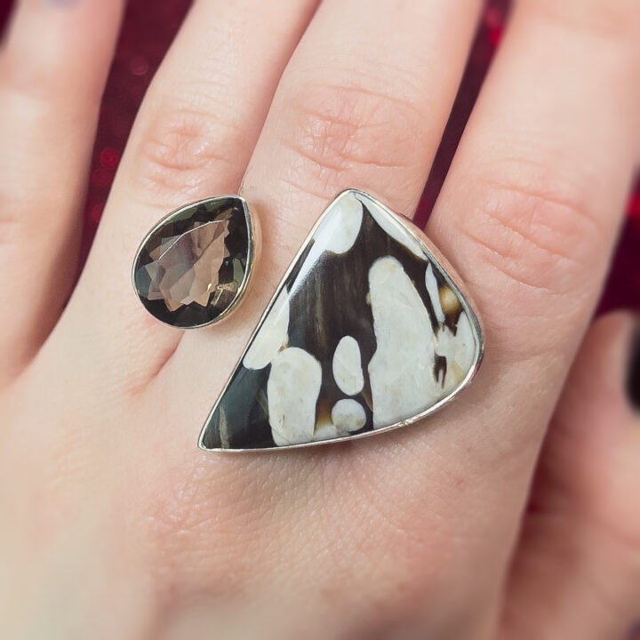 Peanut Wood with Smoky Quartz Sterling Silver Adjustable Ring