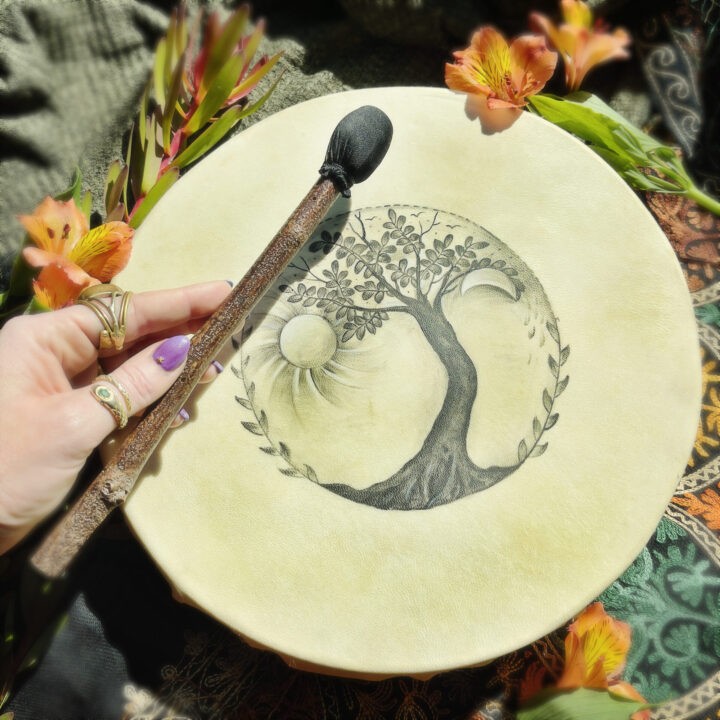 Handpainted Sun, Moon, and Tree Shaman Drum