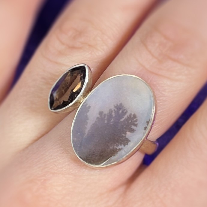 Scenic Agate and Smoky Quartz Adjustable Ring