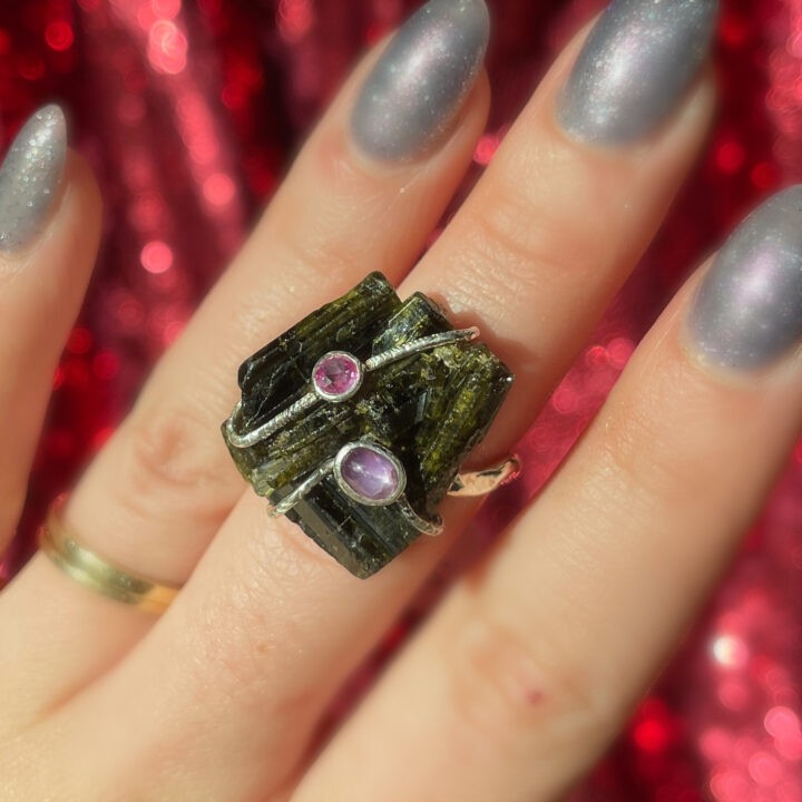 Epidote, Star Ruby, and Sapphire Ring