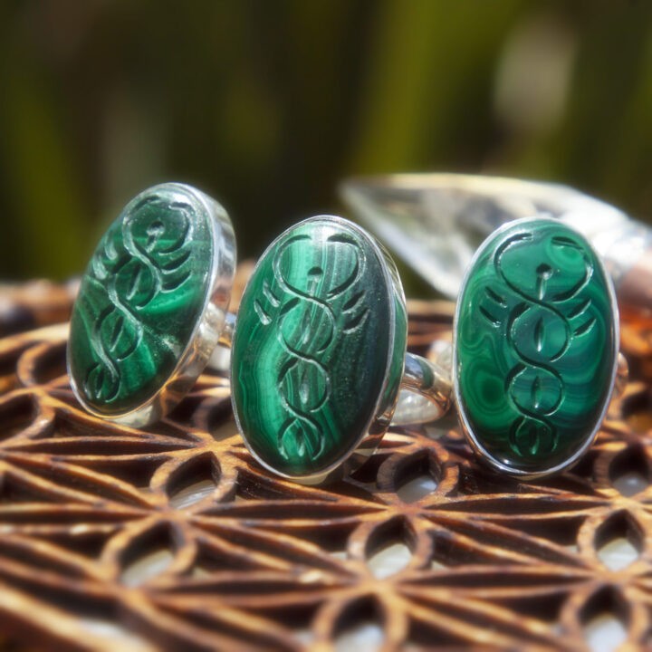 andcarved Malachite Caduceus Healer's Ring