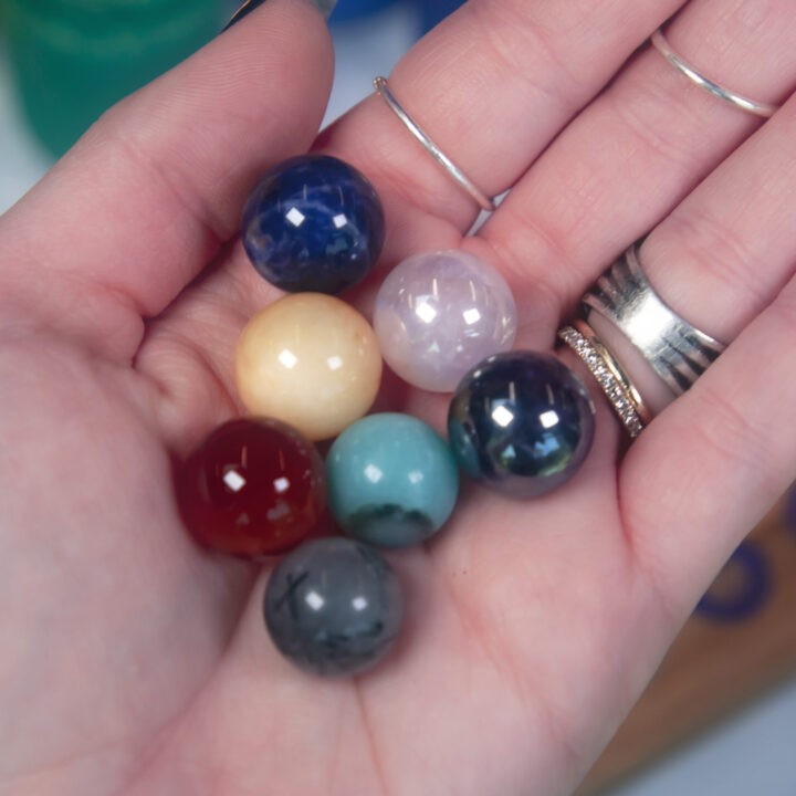 7 Chakra Charging Tray with Mini Spheres and Intuitively Chosen Aura Selenite Wand