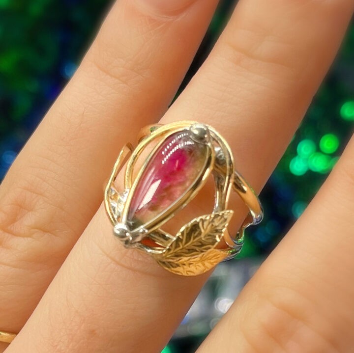 Watermelon Tourmaline with Gold Leaf Ring