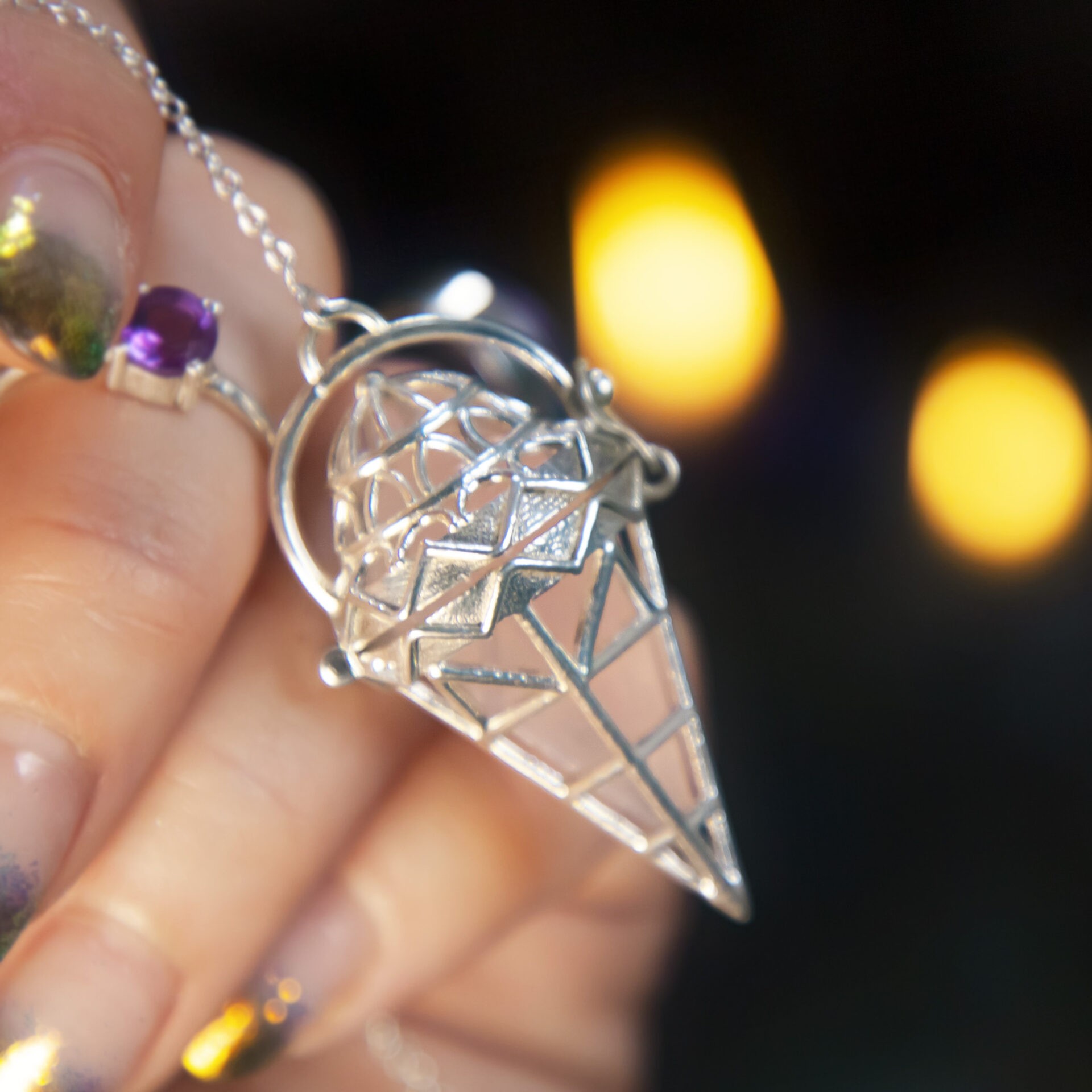 Sage Goddess Caged Crystal Pendulum with Blue Sapphire Accents