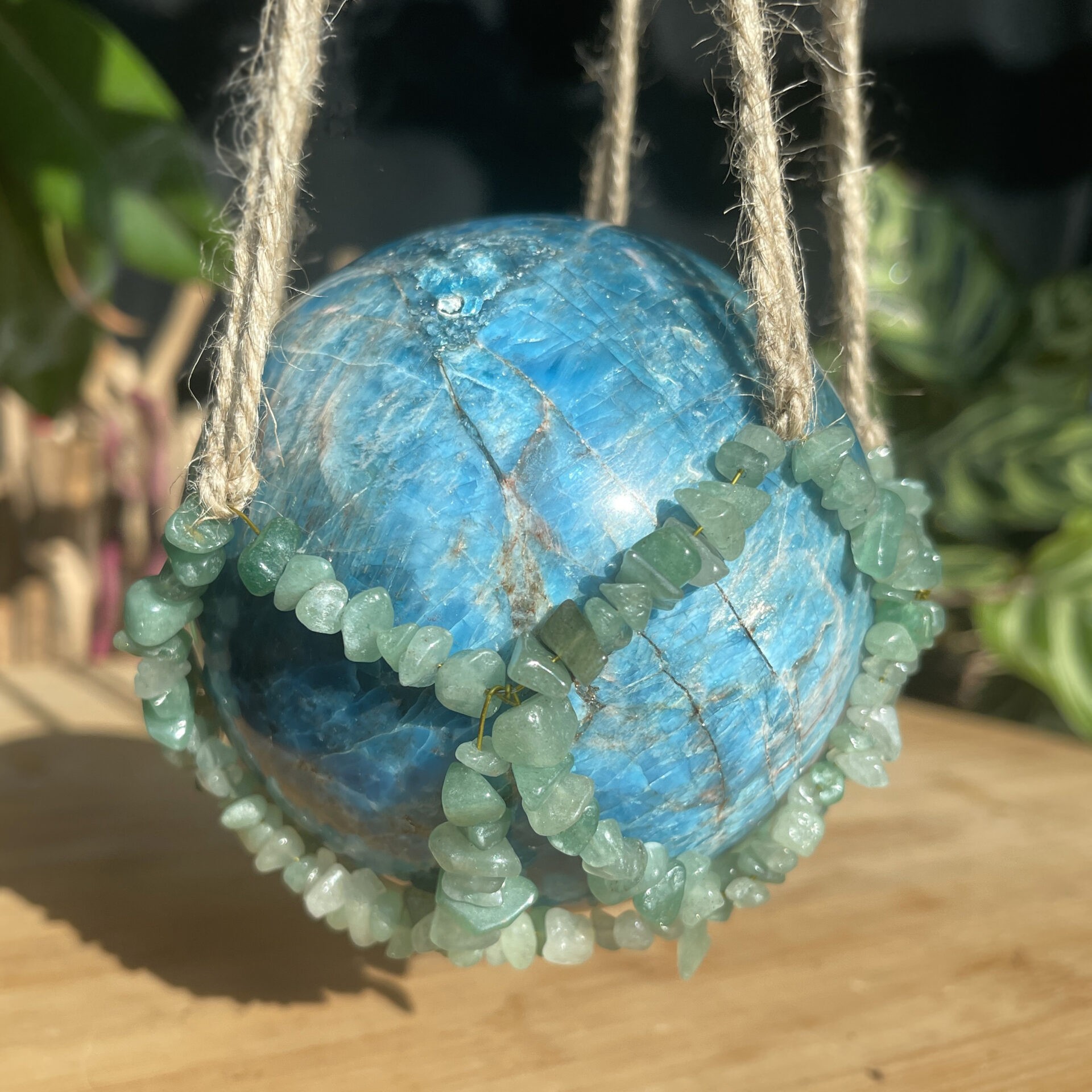 Hanging Gemstone Sphere Holder - Green Aventurine by Sage Goddess