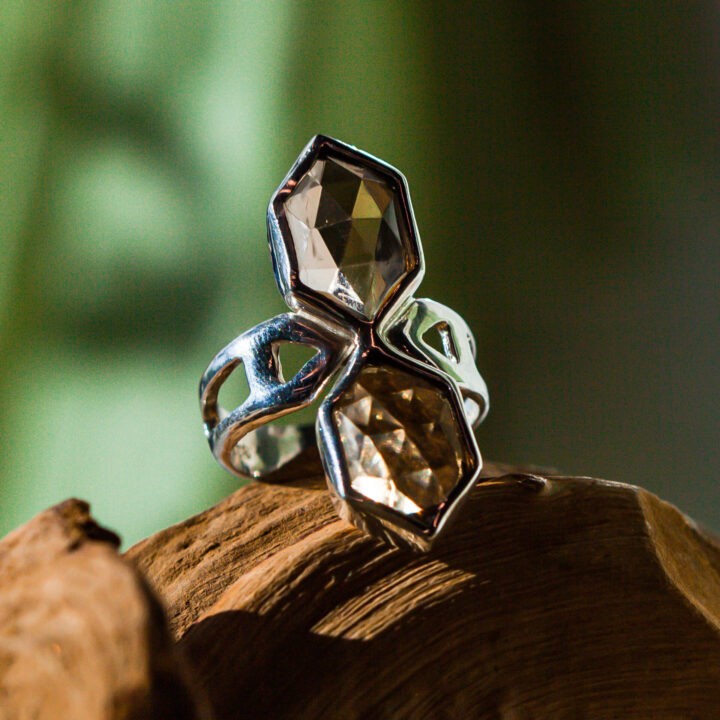 Double Hexagon Grounded Connection Smoky Quartz Ring