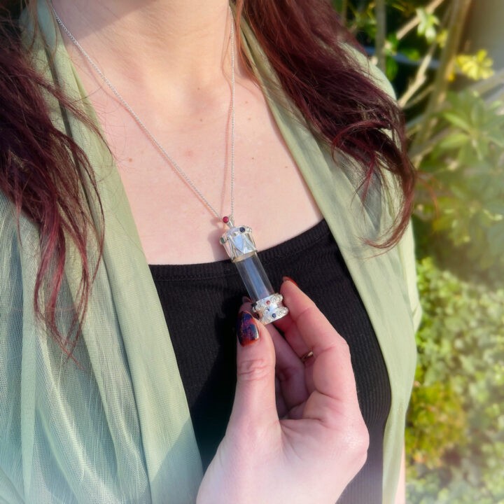 Ruby, Sapphire, and Emerald Perfume Bottle Necklace