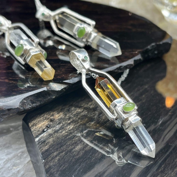 Mega Prosperity Citrine and Clear Quartz with Emerald and Jade Wandlet Necklace