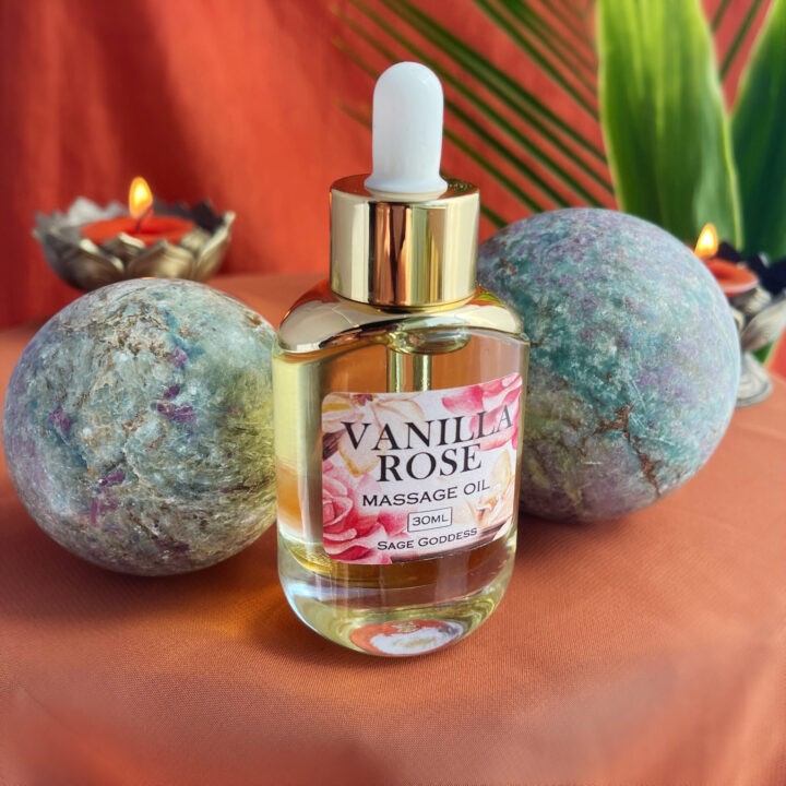 Ruby Kyafuchsite Sphere & Vanilla Rose Massage Oil Duo