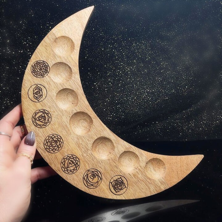 Wooden Crescent Moon Chakra Sphere Stand