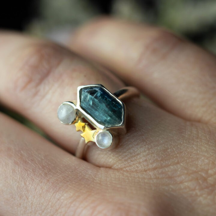 Ocean Kyanite and Rainbow Moonstone Star Ring