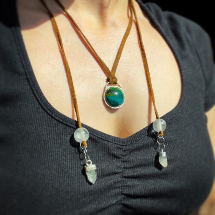 Chrysocolla and Clear Quartz Leather Necklace