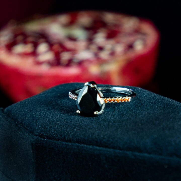 Persephones Ring with Black Zircon and Spessartine Garnet