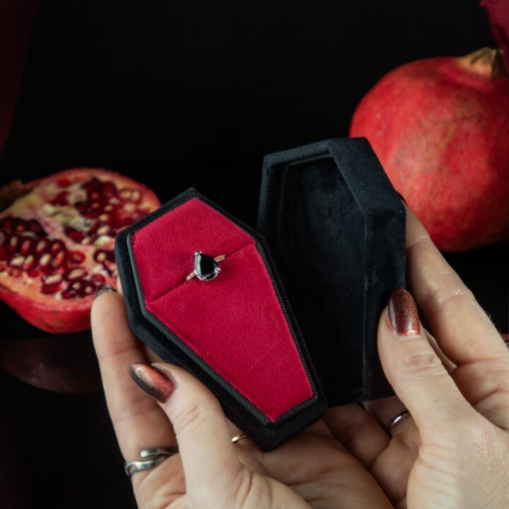 Persephones Ring with Black Zircon and Spessartine Garnet