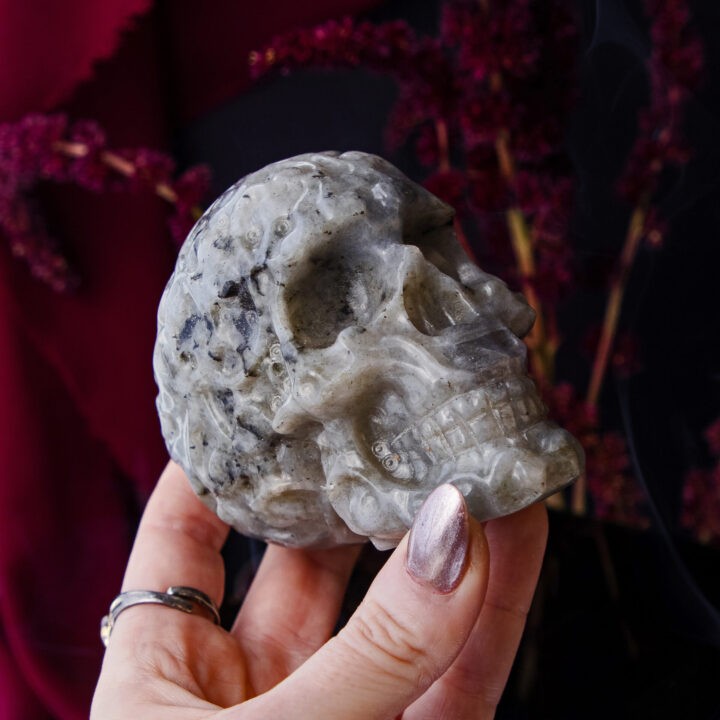 Gray Feldspar with Black Tourmaline Skull