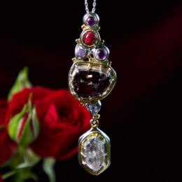 Heal Your Heart Rhodolite Garnet and Herkimer Diamond Pendant with Pink Tourmaline, Tanzanite, and Amethyst
