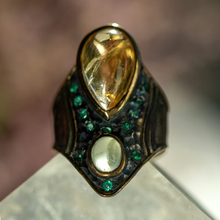 Priestess of Prosperity Citrine, Prehnite & Emerald Ring
