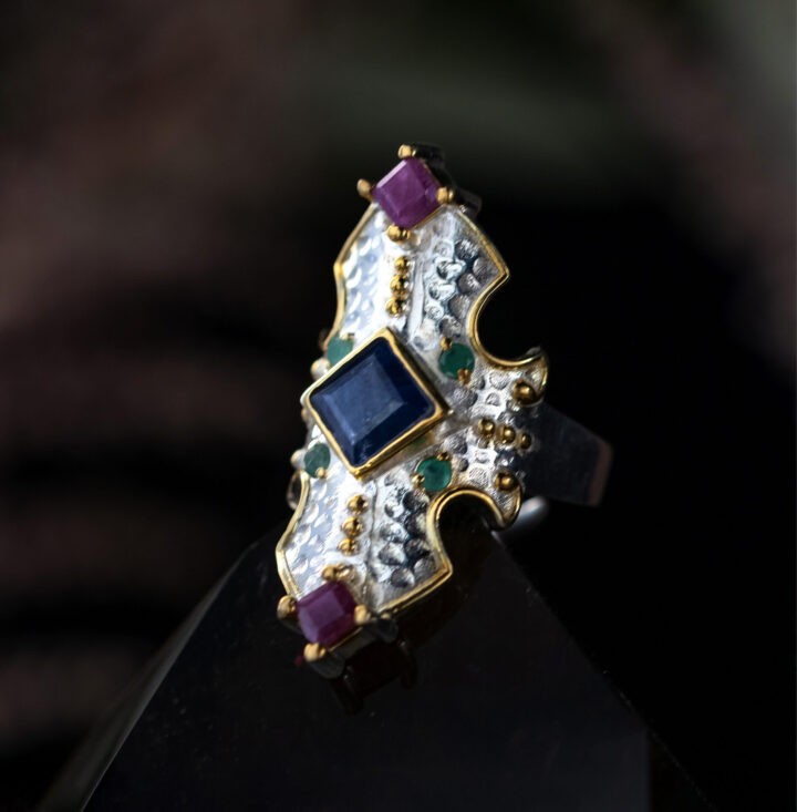 Goddess Wisdom Blue Sapphire, Ruby & Emerald Shield Ring