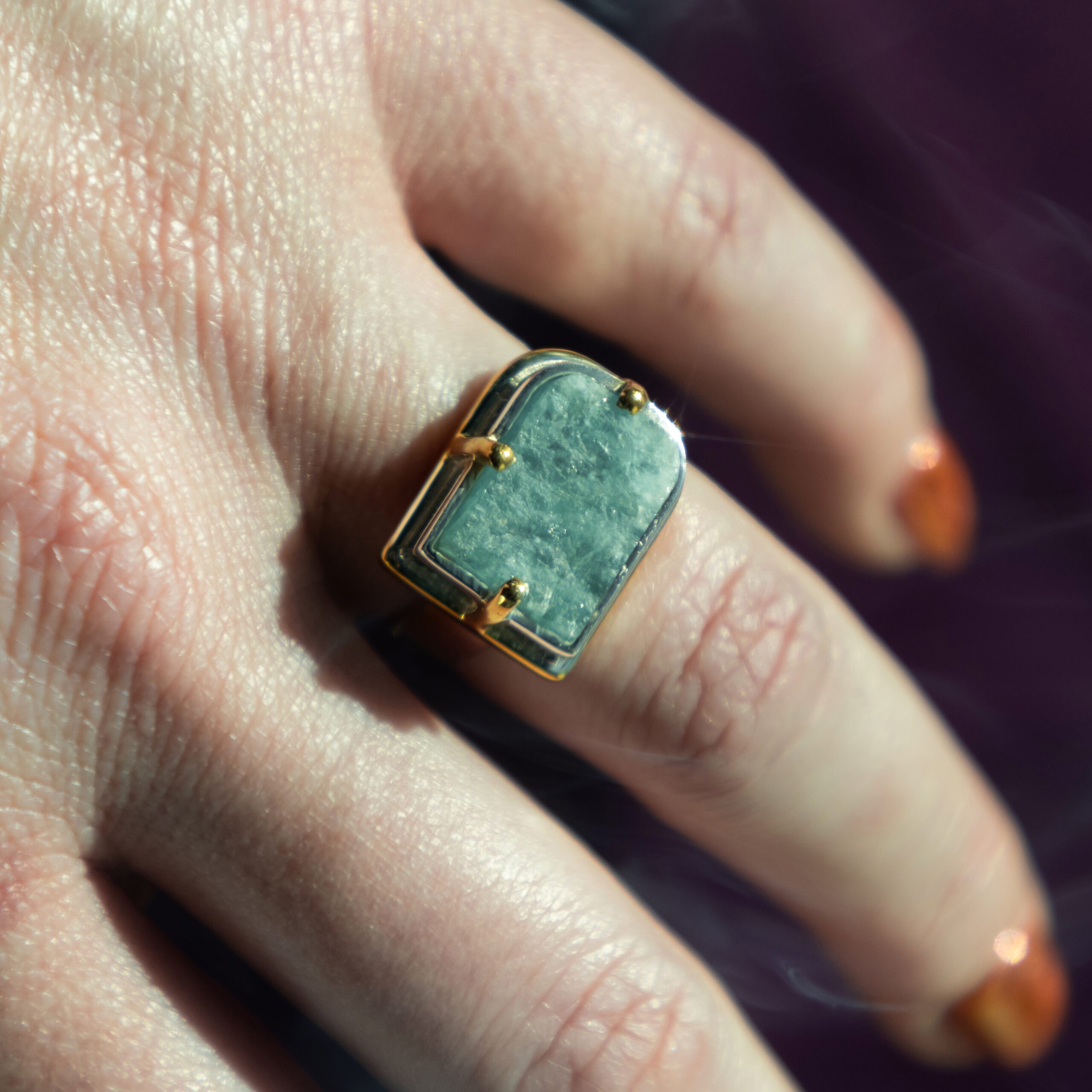 18 Karat Yellow Gold Aquamarine & Sapphire Three-Stone Ring - WeilJewelry