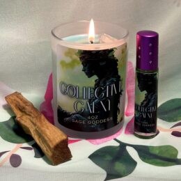 Trio of products, a piece of palo santo, a jar candle with a sihlouette of a a young women, and a perfume roller bottle with a purple cap and a floral cloth.