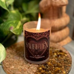 Lit jar candle on argon coaster, with plant and snake sculpture in the background