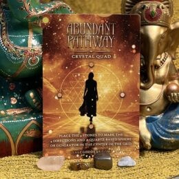 four stones on a wicker mat, with abundant quad info card standing behind the stone and a background of painted ganesha statues.